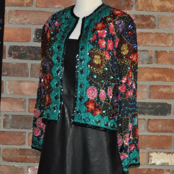 Vtg Frank Usher Heavily Beaded Sequin Silk Multicolor Floral Matador Jacket S - Picture 8 of 10